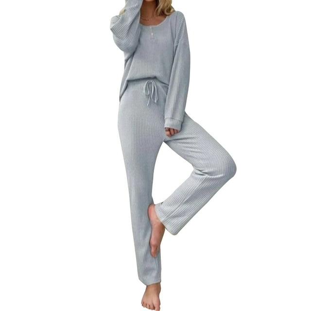 xiaxaixu Women's 2 Piece Lounge Set Pajama Set Long Sleeve Button Knit Tops Drawstring Pants Sleepwear Sets