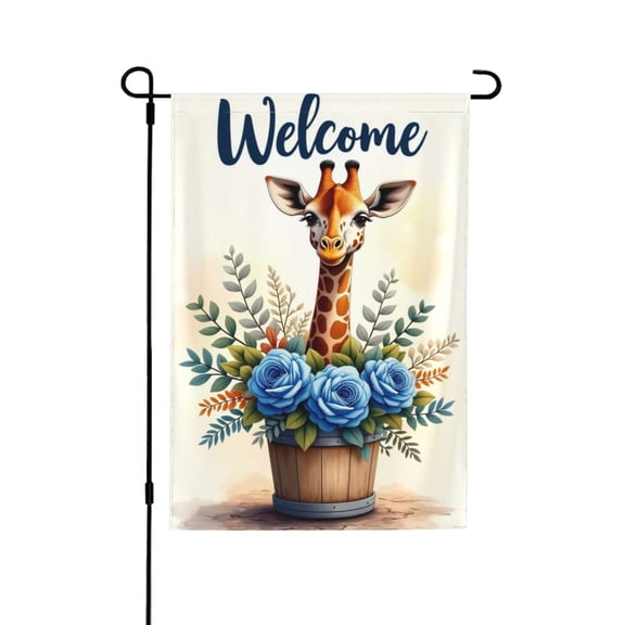 Giraffe Welcome Garden Flag 12x18 Inch Double Sided – Cute Baby Giraffe With Blue Roses & Greenery Spring Summer Outdoor Yard Decoration For Porch, Lawn & Patio