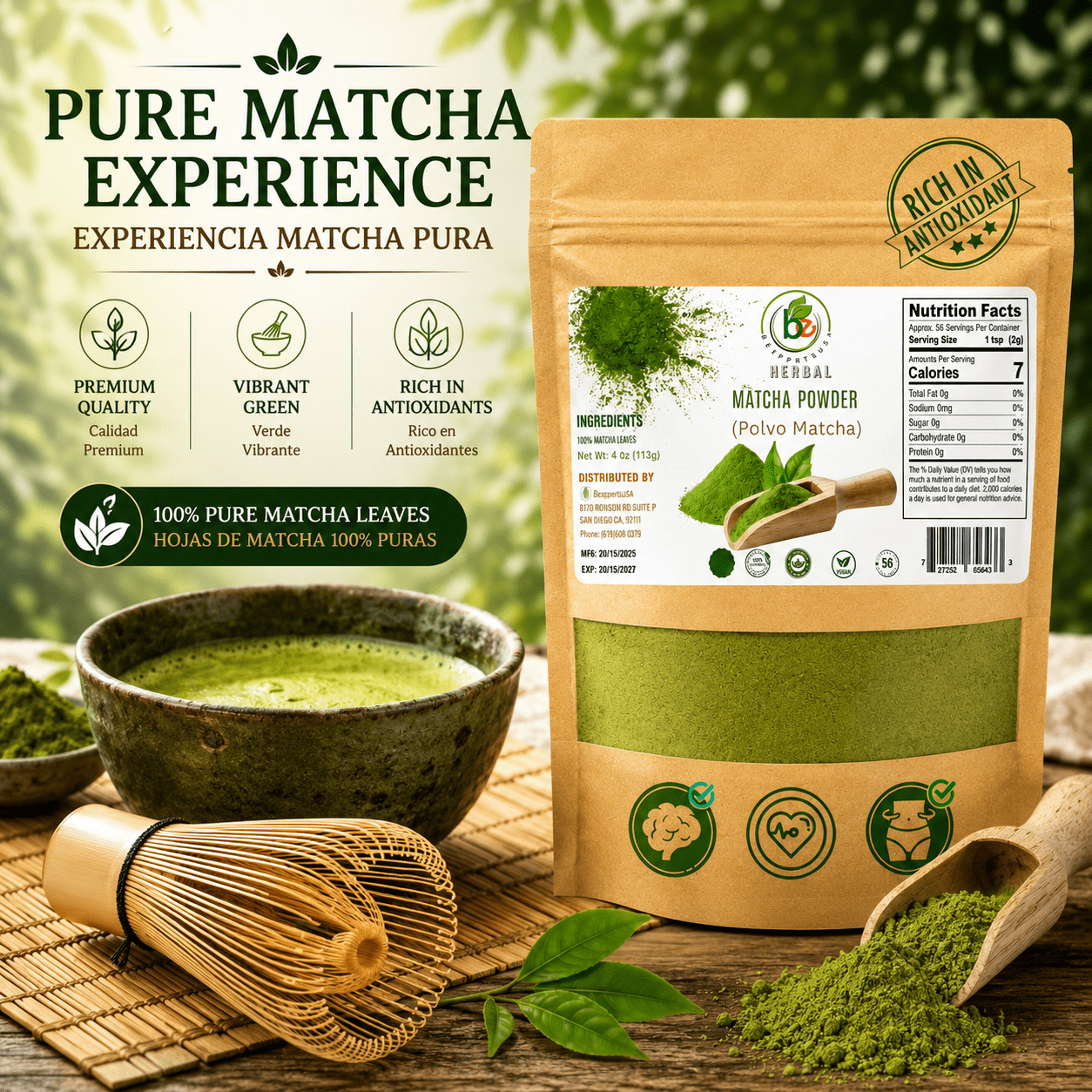 B-EXPERTS, Green Tea Matcha Powder, 4 oz, Japanese-style