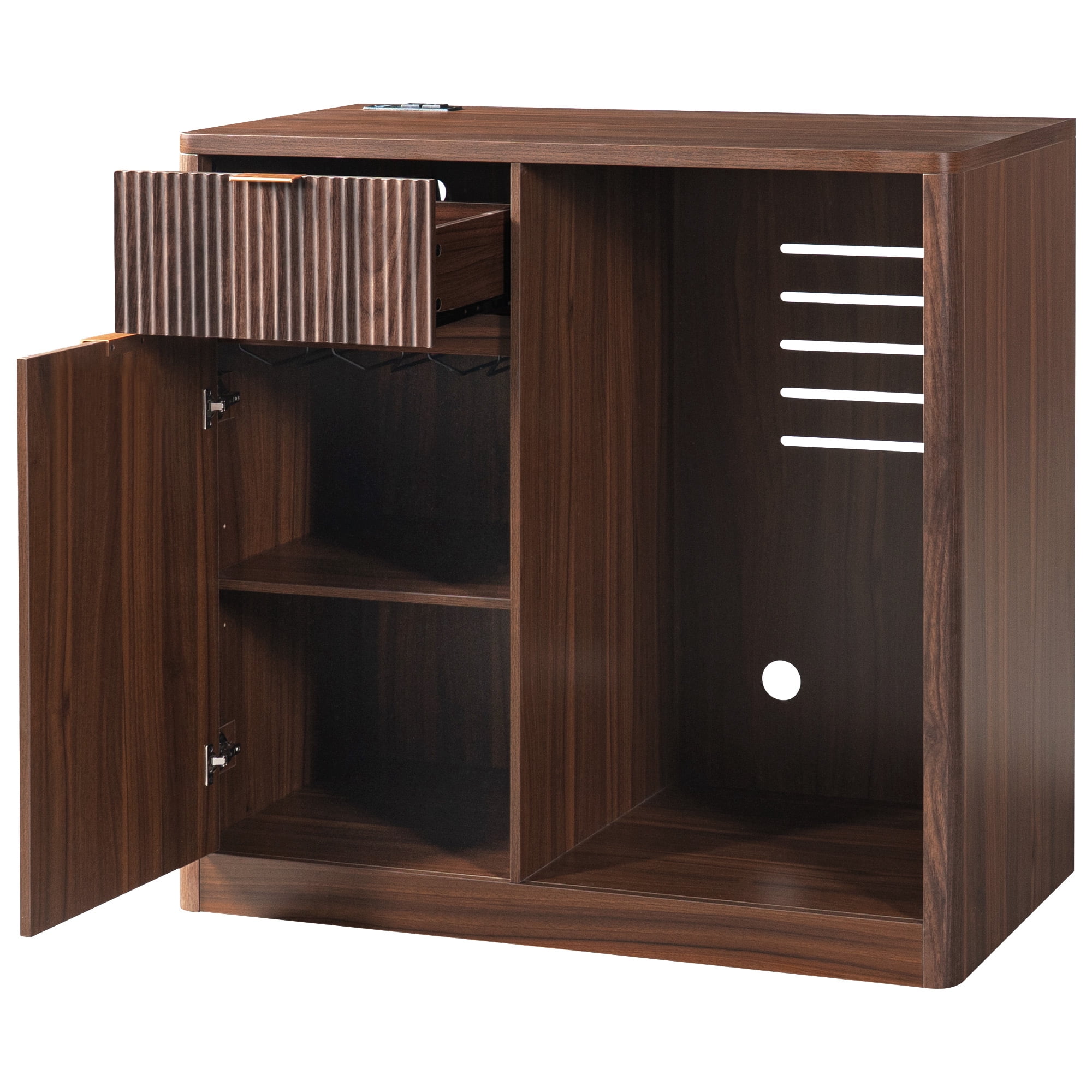 Homy Casa 39.4" Fluted Kitchen Island with Mini Fridge Space, Power Outlet and Storage, Dark Walnut