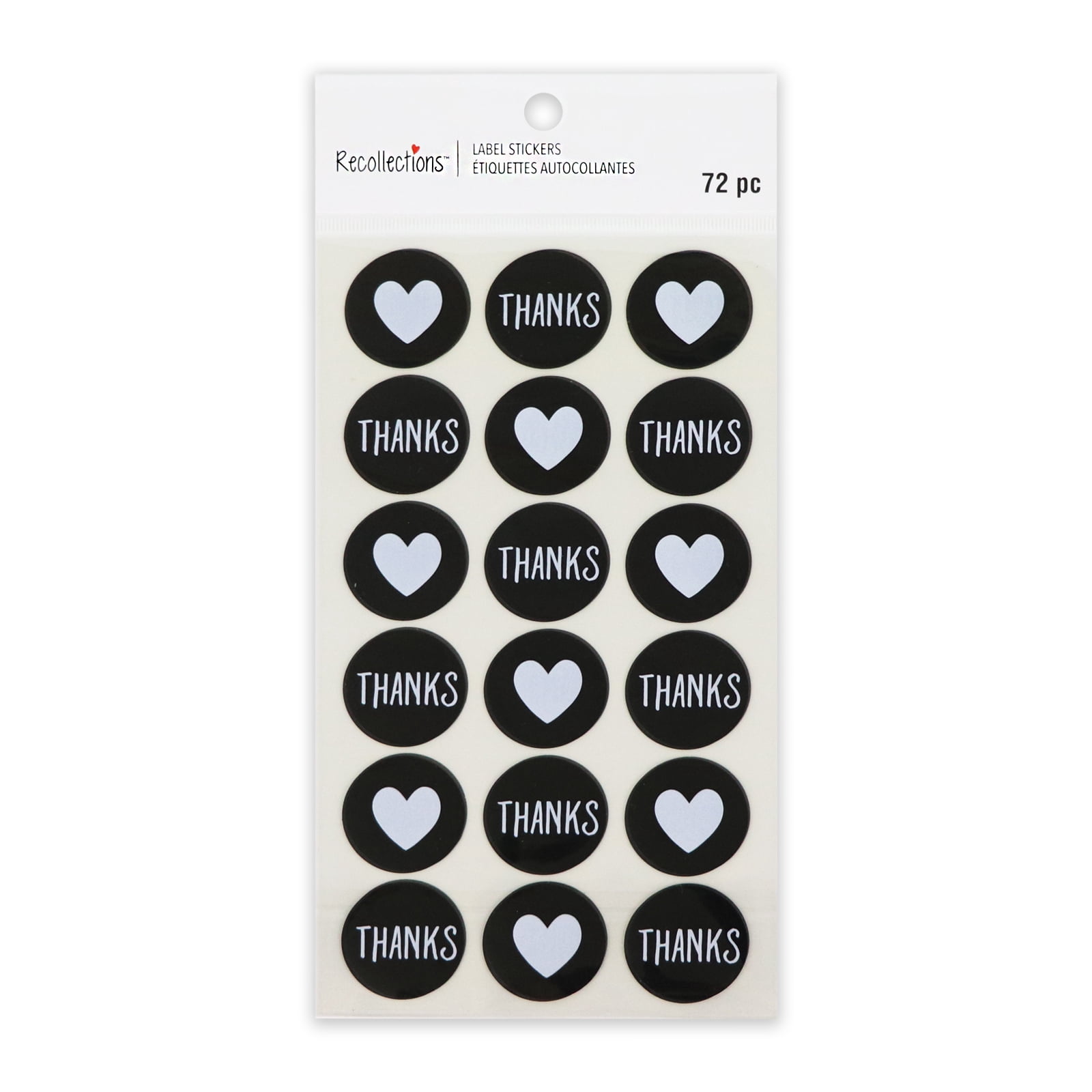 Recollections Thanks & Hearts Round Label Stickers - Black & White Envelope Seals for Cards & Notes, 4" x 7" Sheets, 12 Pack