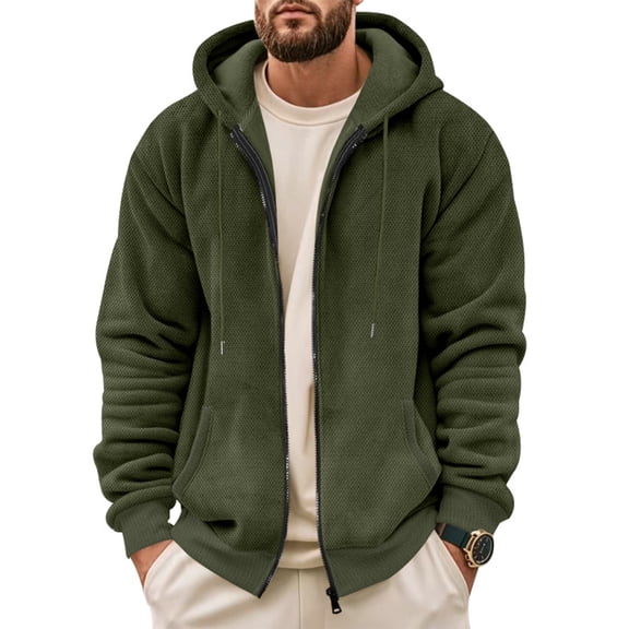 QHRMKOG Mens Winter Jacket Relaxed Fit Warm Sherpa Hoodie Solid Color Full Zip Drawstring Hooded Sweatshirts Casual Outwear with Pockets Green XL