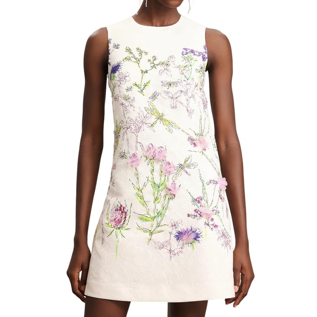 Vestido Tsukko Delicado Beige Bordado Floral Sin Mangas