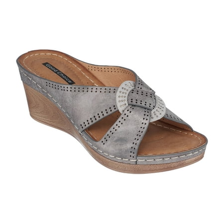 GC Shoes Womens Open Toe Memory Foam Wedge Sandals  Summer Platform Heels  Low Heeled Cross Strap Slides  Giselle/Pewter/10
