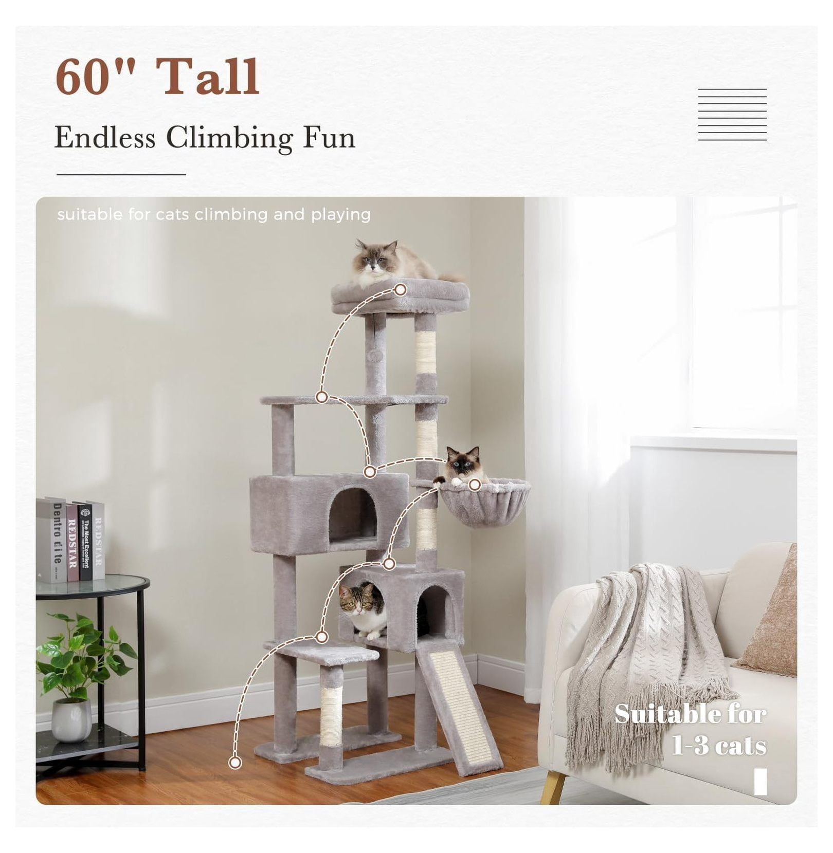 60'' Cat Tree Tower, Large Cat Condo Indoor, Wide Perch, Hammock, Sisal Scratching Posts for Adult Cats, Gray