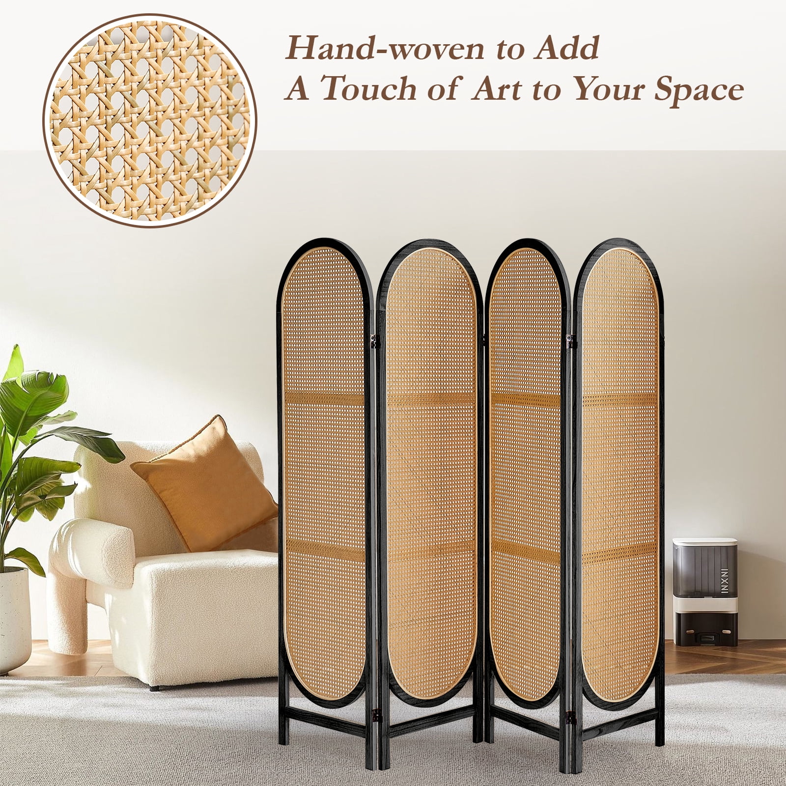 ALeesing 4 Panel Rattan Room Dividers, Folding Privacy Screens, No Installation Required, Black