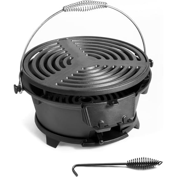 Round Mini Hibachi Grill Outdoor, Portable Small Charcoal Camping Barbecue Grill, 100% Cast Iron, Durable - Coal Door, Draft Door, Ideal for 2 People$$Garden & Patio