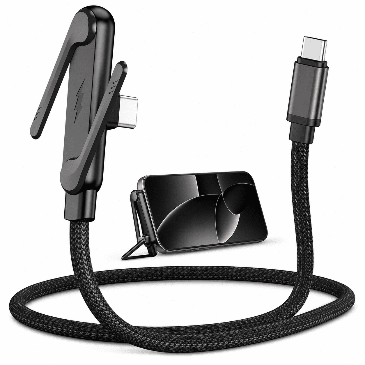 HBK 240W USB C to USB C Cable with Built-in Invisible Stand, Flat Fast Charging Cord with Right Angle Connector for iPhone 17 Series, Samsung Galaxy S25 S24 Ultra etc