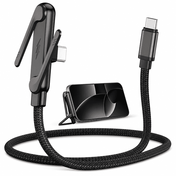 HBK 240W USB C to USB C Cable with Built-in Invisible Stand, Flat Fast Charging Cord with Right Angle Connector for iPhone 17 Series, Samsung Galaxy S25 S24 Ultra etc