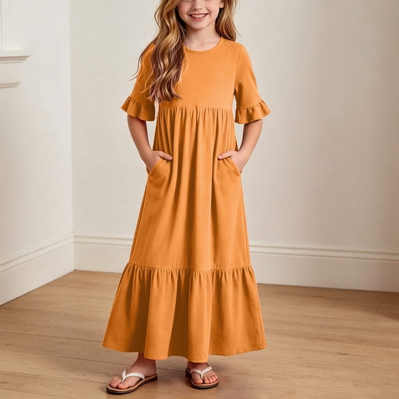 Girls Short Sleeve Smocked Summer Ruffle Dresses with 2 Pockets Crew Neck Casual Party Maxi Dress Orange 13-14 Years