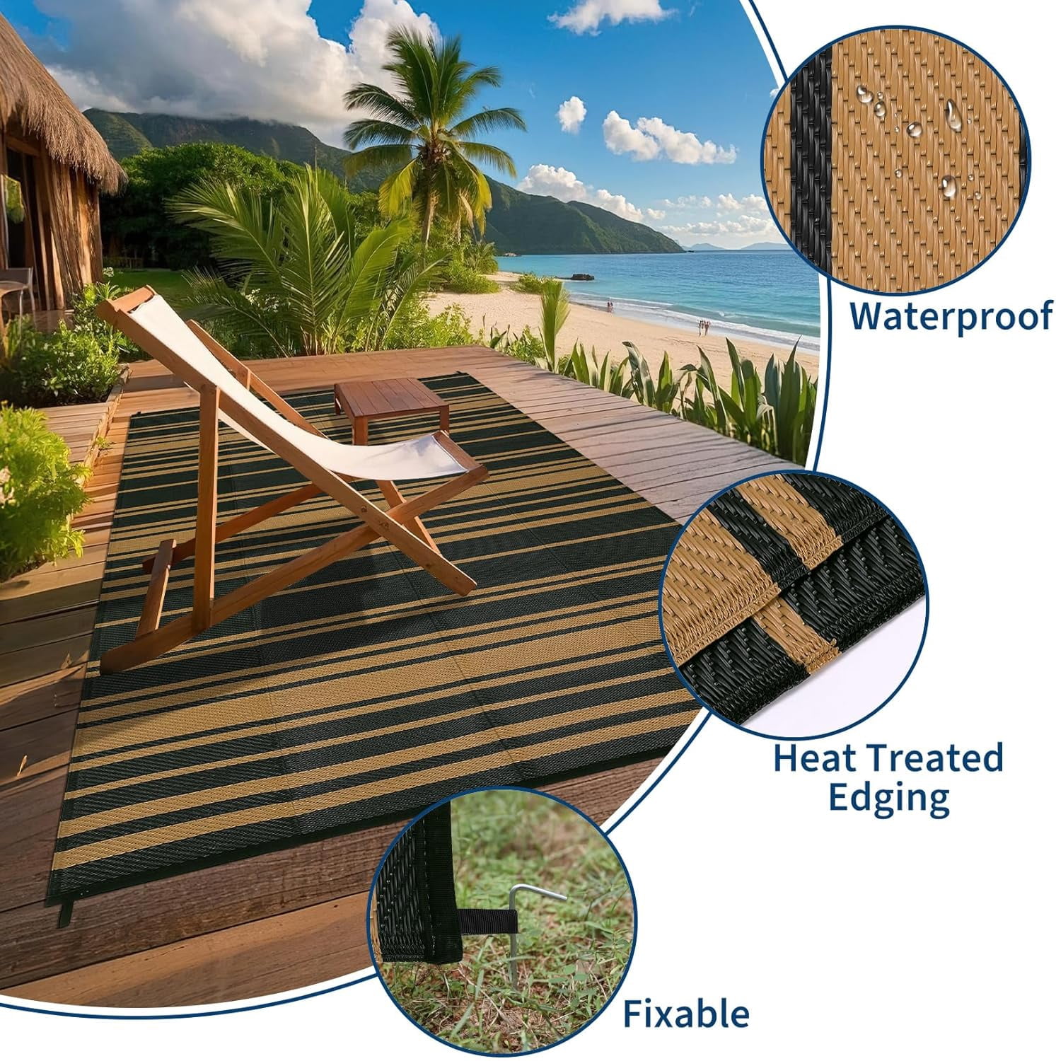 Outdoor Rug for Patio,Waterproof Mat,Reversible Plastic Striped Camping Rugs for RV,Porch,Deck,Camper,Balcony,Backyard,Beach