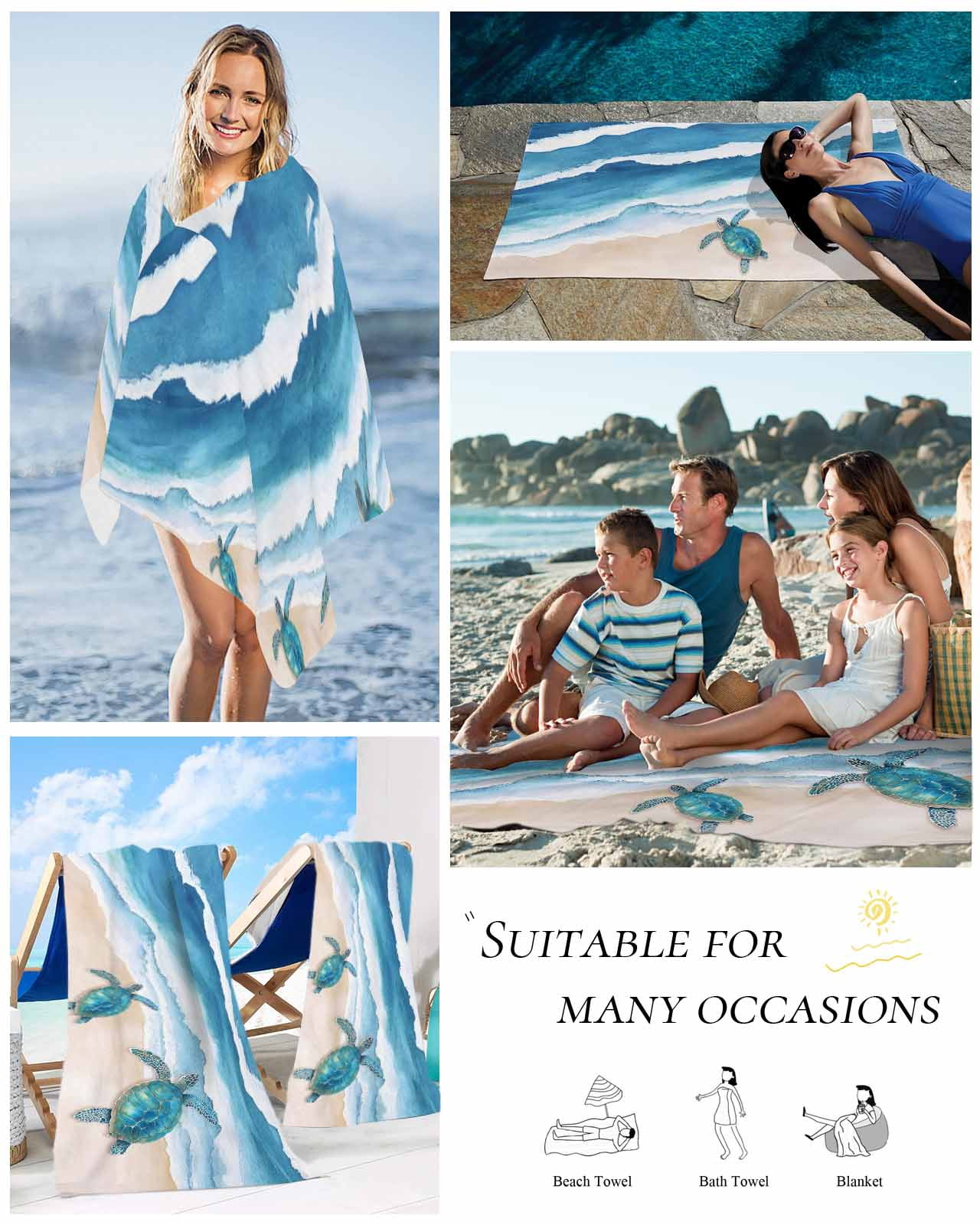 Blue Coastal Beach Towels Oversized Super Absorbent, Sea Turtle Summer Beach Waves Nautical Lightweight Bath Towel Quick Dry Sets For Bathroom/Pool/Rv Camping/Beach Play/Gym Room/Picnic 23"x47"