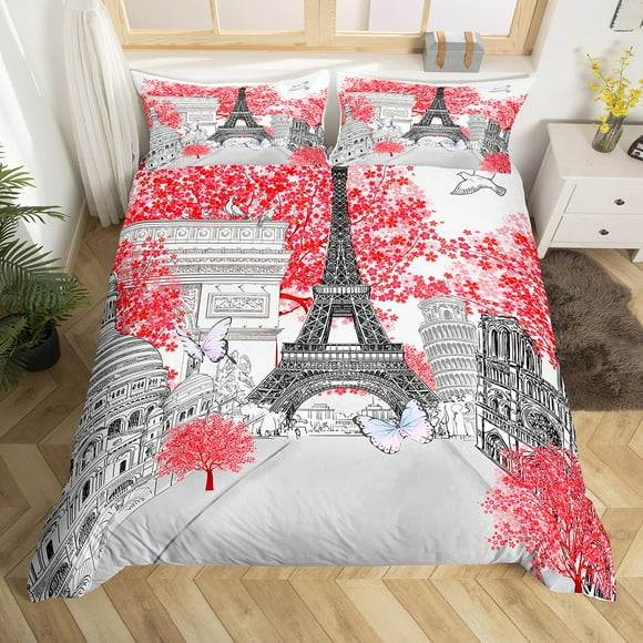 Eiffel Tower Bedding Set Red Cherry Blossom Comforter Cover Girls Women Romantic City Building of Paris Duvet Cover Butterfly Flowers Notre Dame Cathedral Bed Set Paris Themed Bedroom Decor Queen