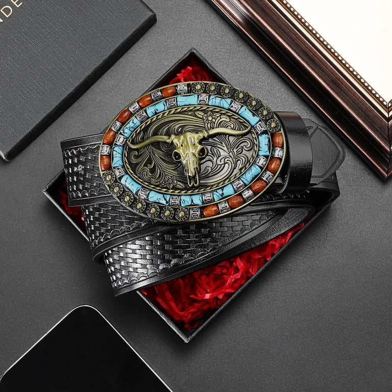 Floral Engraved Longhorn Bull Buckle Western Belt for Jeans INOGIH Men-Western-Cowboy-Leather-Buckle-Belts-with-Longhorn  main image 4