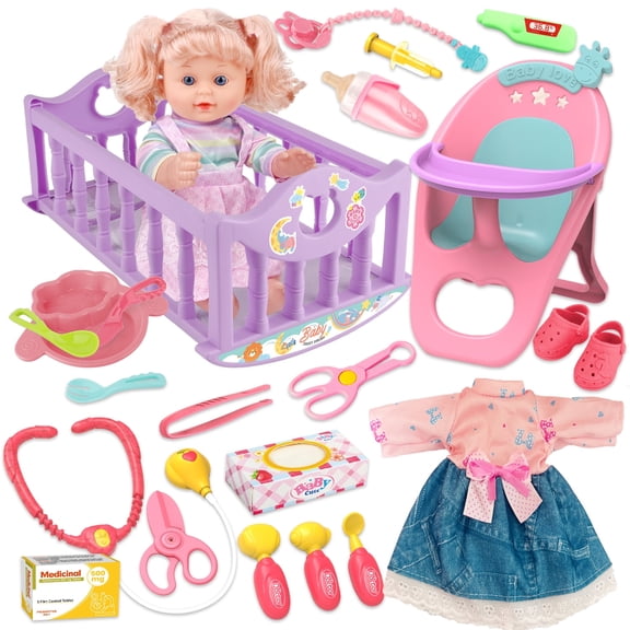 Aijohnny 12" Baby Doll Care Playset with Crib & High Chair, 24Pcs Pretend Play Toy Set with Milk Bottle & Pacifier, Kids Gift for 3  Years Old