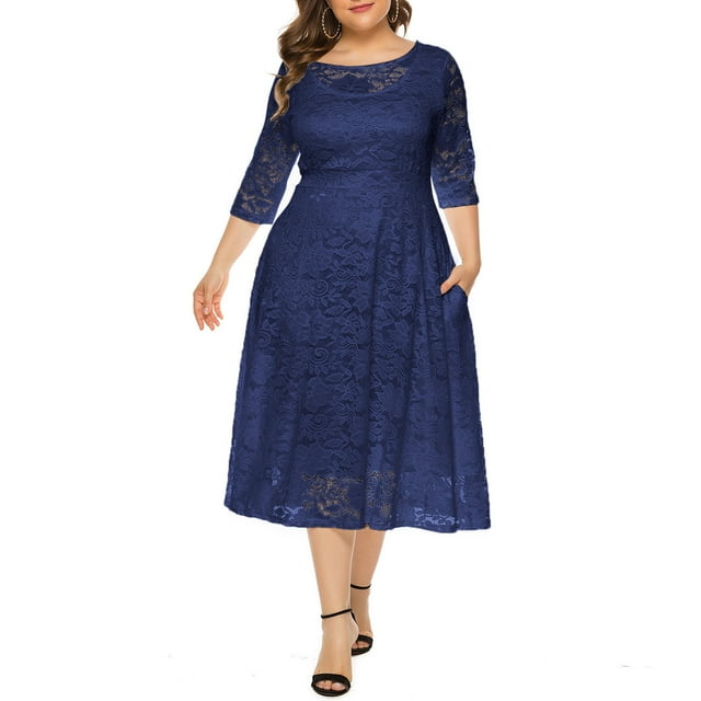 LSLJS Robe de Soirée Mode Femme Grande Taille Dentelle Creuse avec Poches, Robe Longue, Robes de Cocktail pour Femmes Soirée
