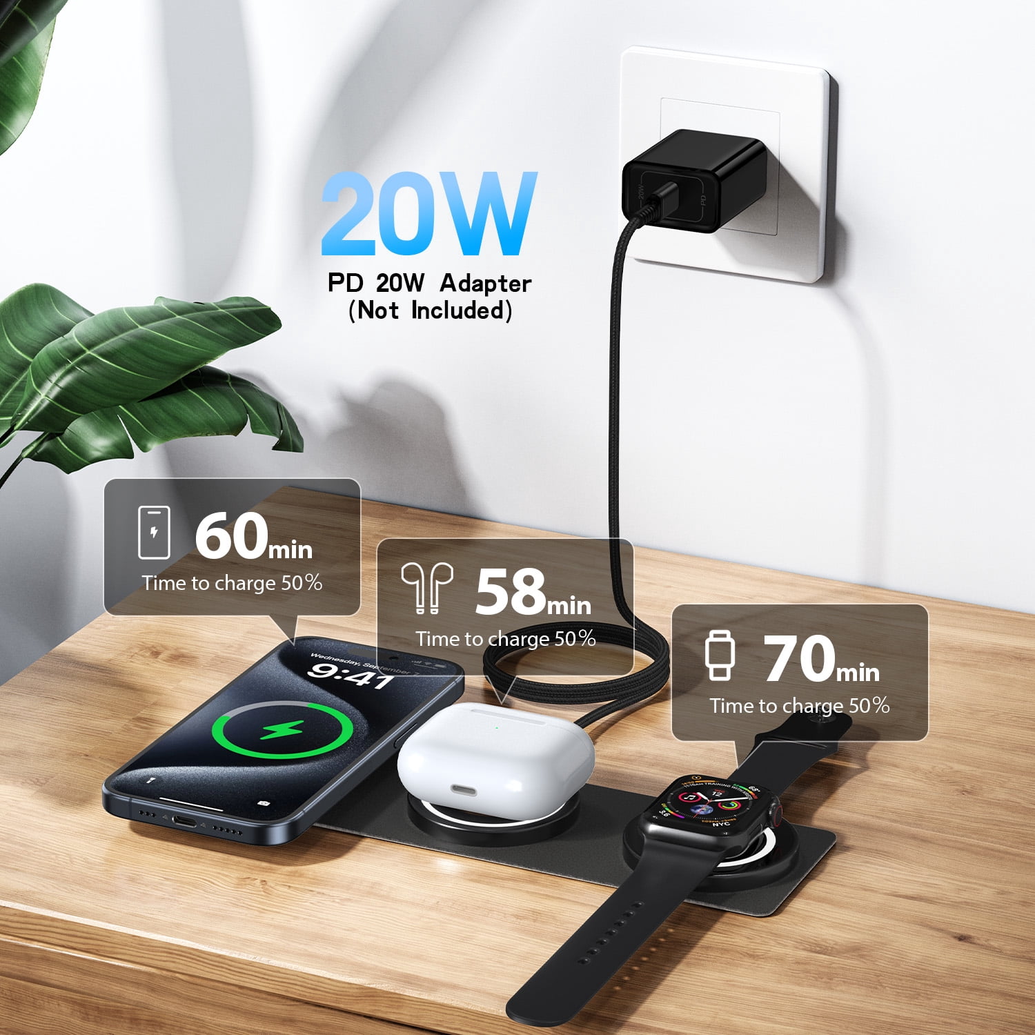 15W Magnetic Wireless Charger Pad,3 in 1 Travel Folded iWatch Wireless Charging Station Mag-Safe Charger Stand AirPods 3 Charging Mat Fast Charging dock Compatible for iWatch AirPods iPhone 17 16 15