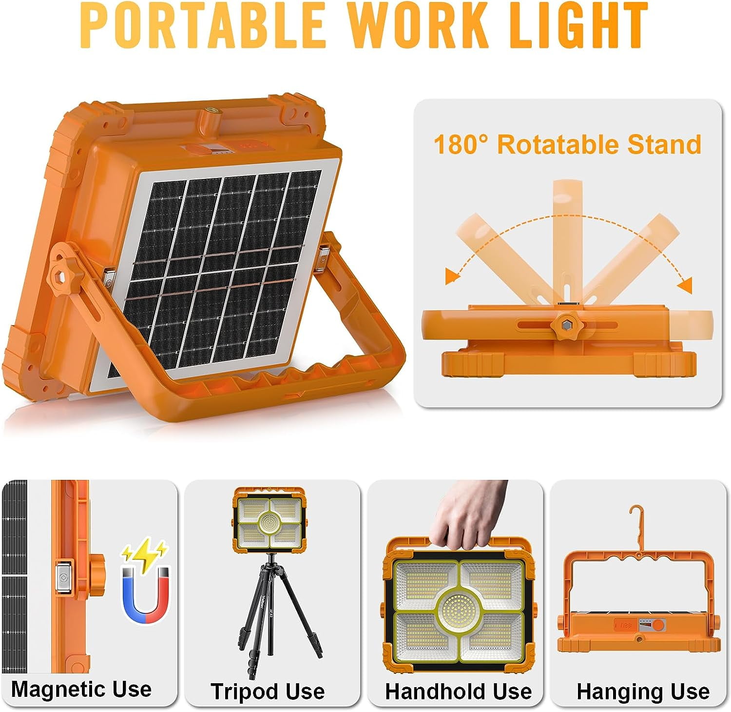 100W LED Solar Work Light, 466 LED 10000LM Magnetic Worklight with 5 Modes, 12000mAh Battary Rechargeable, IP66 Waterproof Portable Solar Power Outdoor Working Light for Emergency, Repair, Camping