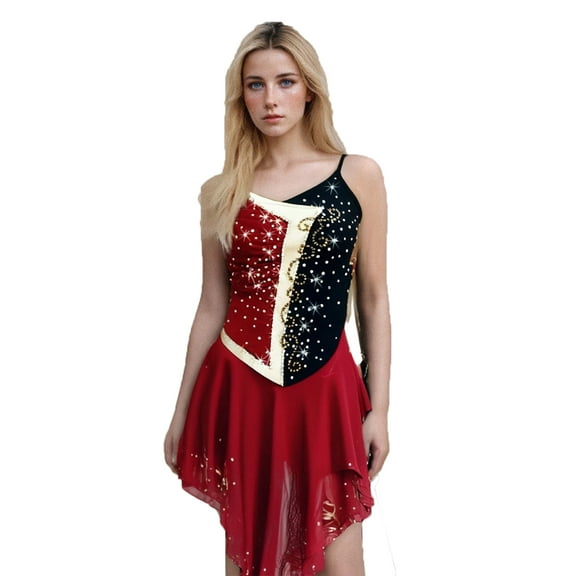 LIUHUO Custom Red Spandex Ice Skating Dresses Women Girls High Elasticity Spaghetti Strap Red Black Patchwork Diamond Decor