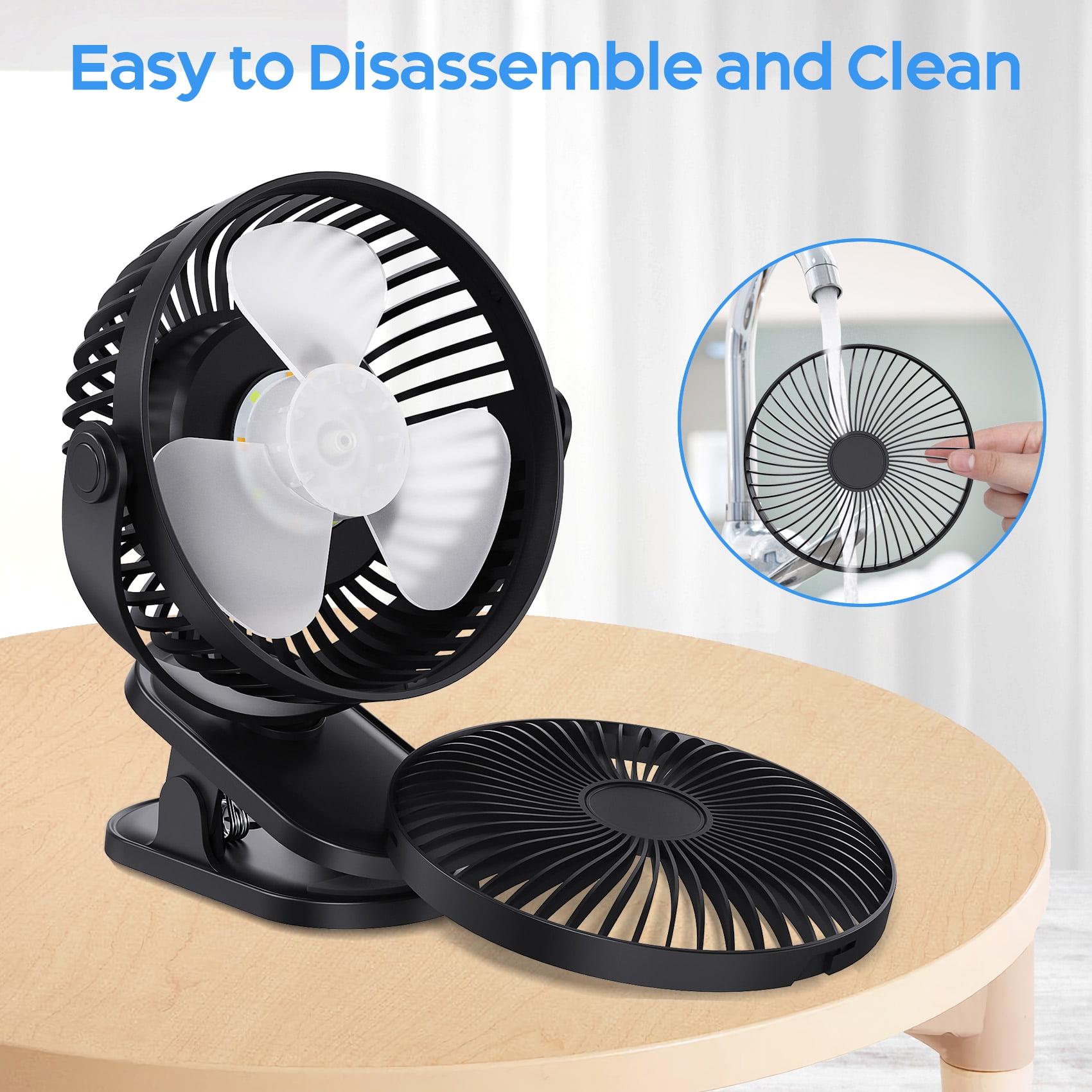 Zsiparty Clip on Fan, 4-Speed Rechargeable USB Desk Fan with Night Light, 6 " 4000mAh 720 Rotation Outdoor Portable Fan for Travel