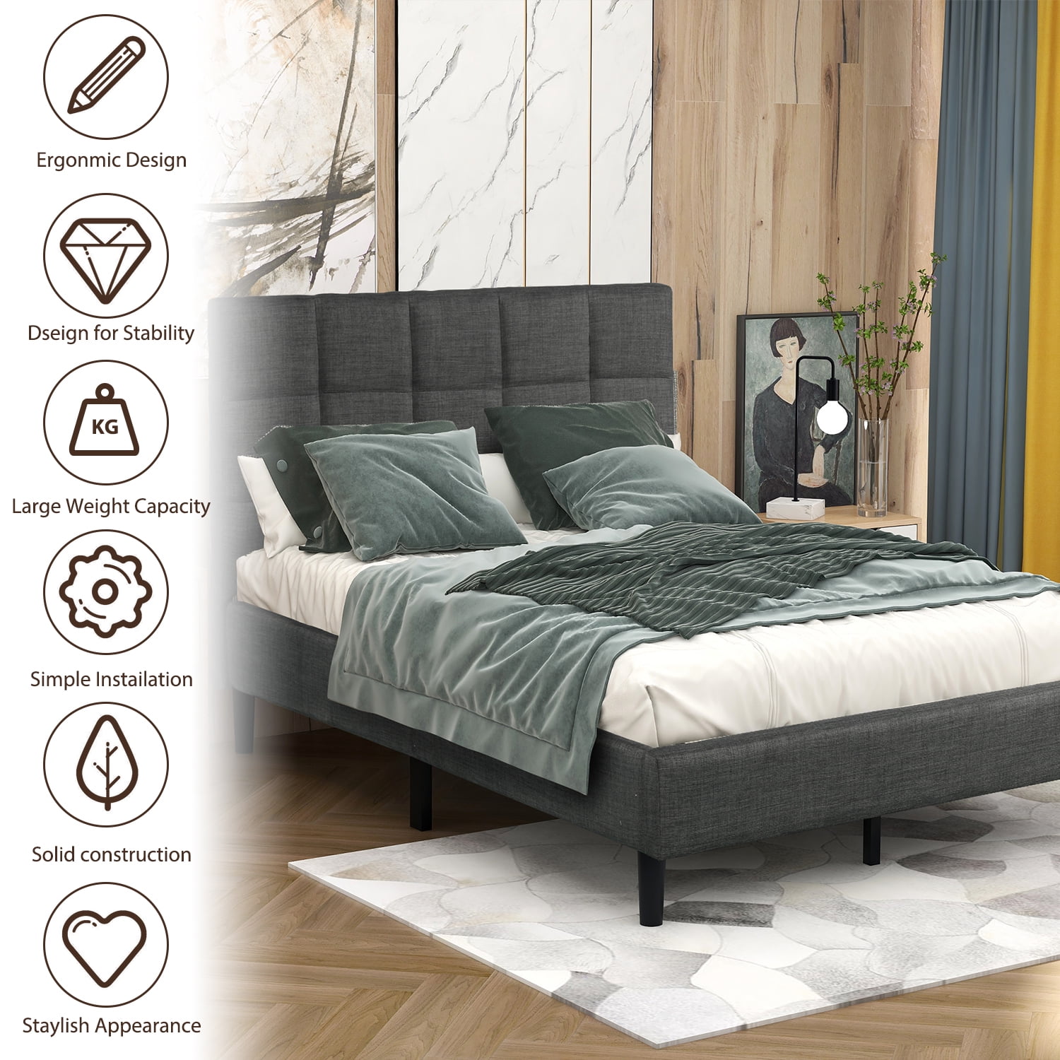 Lowestbest Diamond Stitched Platform Beds, Twin Size Bed Frame with Headboard-Twin, Gray Lowestbest Diamond Stitched Platform Beds, Twin Size Bed Frame with Headboard-Twin, Gray