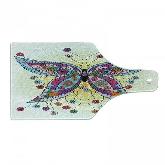 Butterfly Cutting Board, Moth with Fantasy Spring Floral Blooms on Sunny Backdrop Image, Decorative Tempered Glass Cutting and Serving Board, Wine Bottle Shape, Multicolor, by Ambesonne