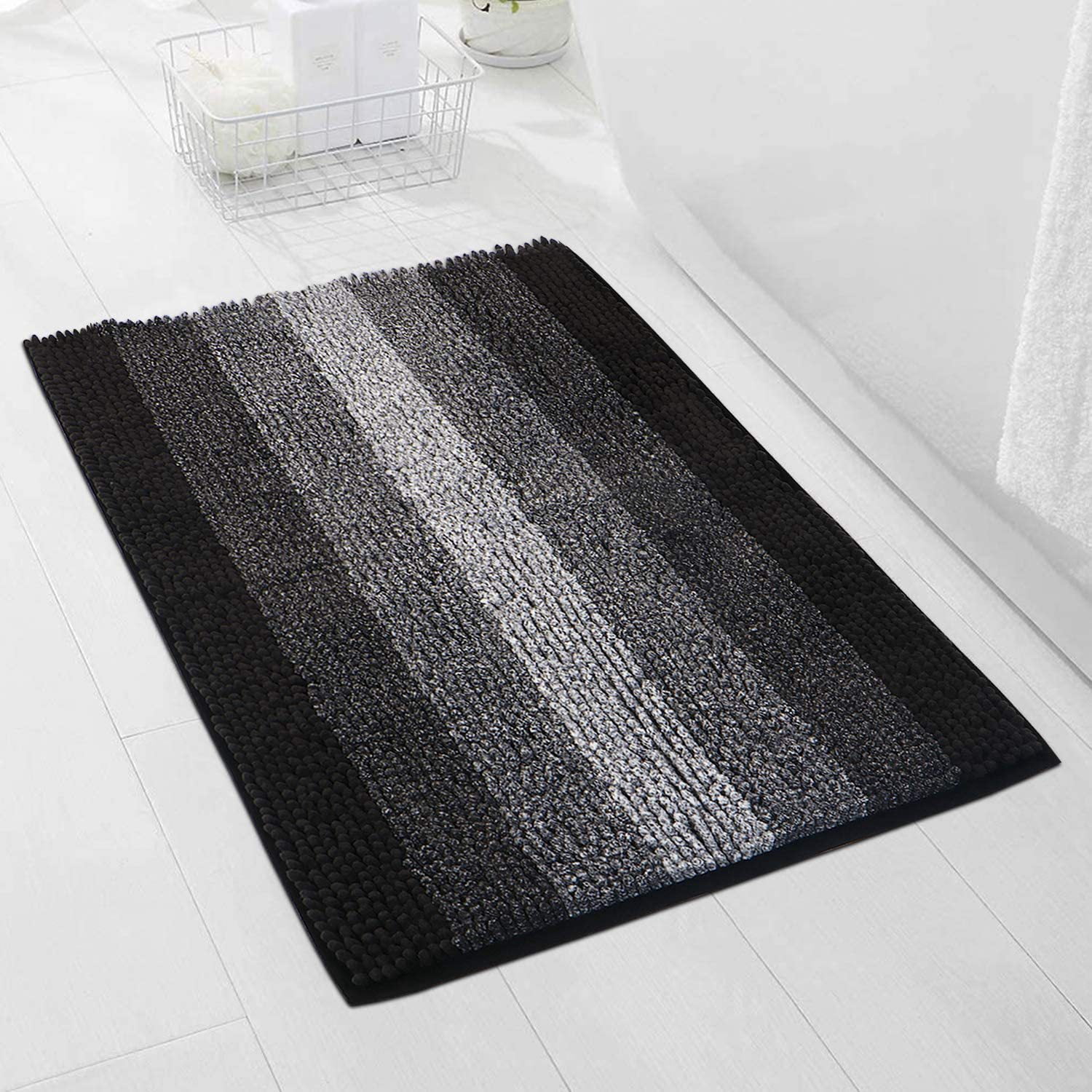 FUDAKUNA Fluffy Chenille Bathroom Rugs Anti-slip Absorbent Gradient Black Gray Stripes 19.6" x 31.5" Bath Mat Machine Washable