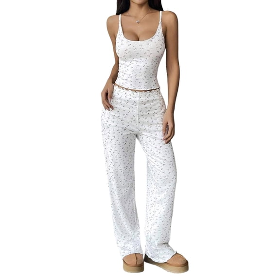 Drovellove Women's Sleeveless Spaghetti Strap Cami and Drawstring Wide Leg Pajama Set - Soft Knit Vintage Floral Sleepwear with Ruffle Trim for Relaxing at Home or Cozy Lounging