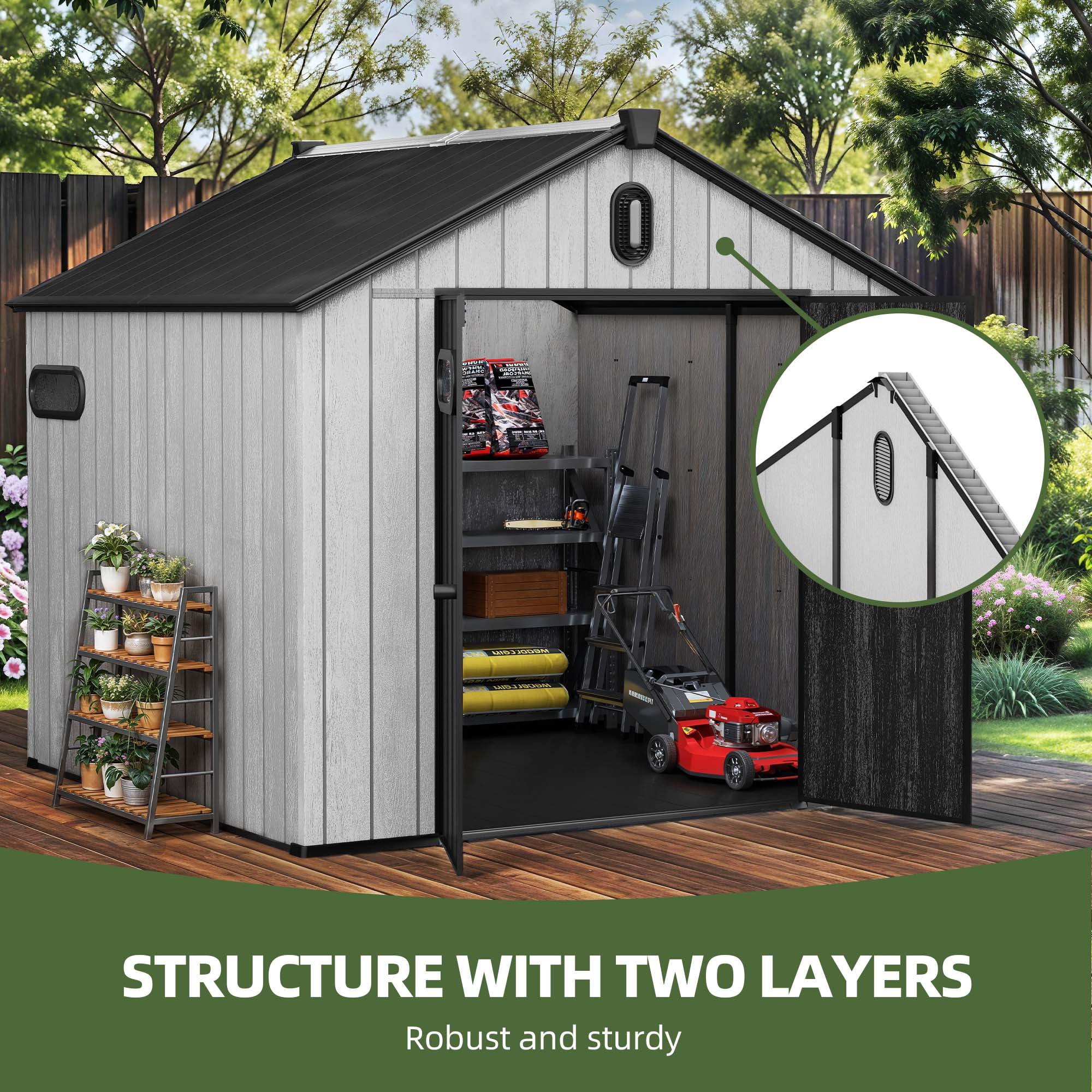 Uforic 8x8ft Outdoor Resin Storage Shed with Floor, 427cuft Garden Shed with Lockable Door, Windows & Vents, Plastic Tool Storage, Waterproof