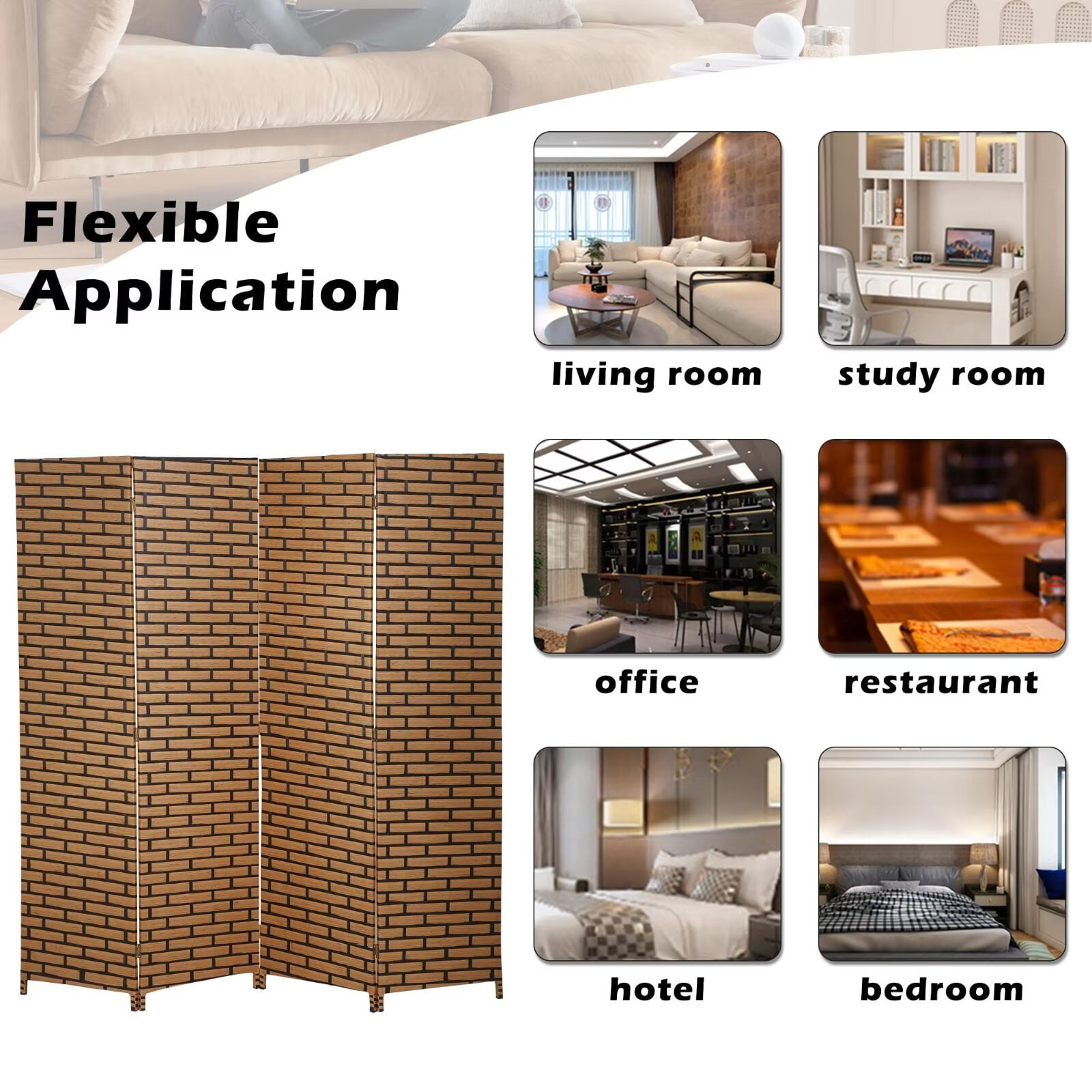 4 Panel Room Dividers Foldable Privacy Screen Decorative Indoor Screen 6TF Wooden Office Dividers Partition Wall for Home, Office, Bedroom, Brick