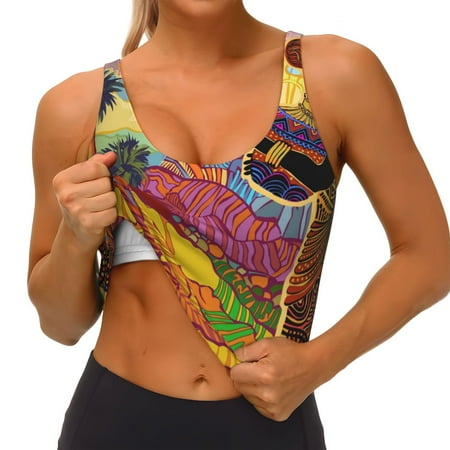 Qokaie Beautiful African Woman Pattern Womens Scoop Neck Sports Bra Breathable Workout Vest Padded U Back Medium Impact Fitness Gym Yoga Bra Workout Crop Top