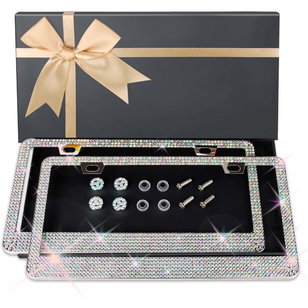 AUJEN Marco de matrícula Bling – Soporte de matrícula brillante, marco de matrícula duradero para mujeres, acero inoxidable y accesorio de coche sin obstrucciones con diamantes de imitación multifacét