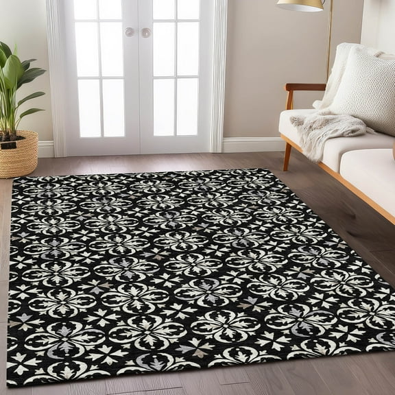 Addison Rugs Chantille Indoor/Outdoor Transitional Floral Black Washable Rectangle Rug, 5' x 7'6"
