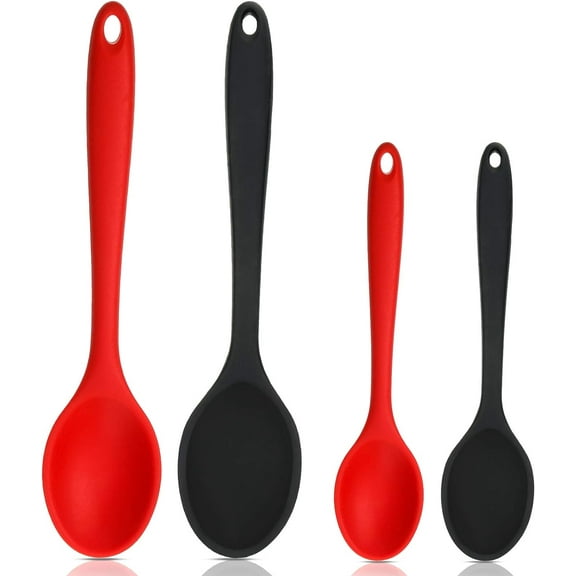 Kiibsot 4 Pack Silicone Spoons for Cooking Silicone Mixing Spoons Heat Resistant Rubber Basting Utensil for Kitchen Cooking Baking, Stirring Serving, Large & Small(Red, Black)