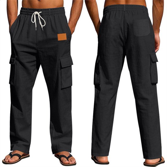 SOOMLON Cargo Pants for Men Loose Fit Big and Tall Elastic Waist Drawstring Linen Pants Breathable Hiking Pants