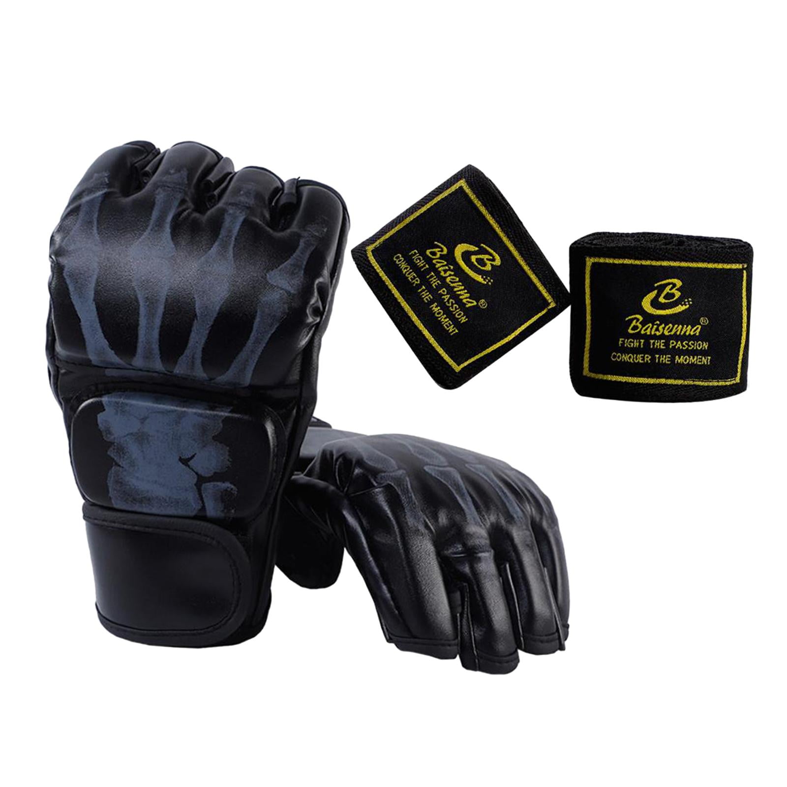 harayaa Boxing Gloves Protective Gear Open Palm MMA Half Mitts Lightweight Breathable PU Black Skeleton