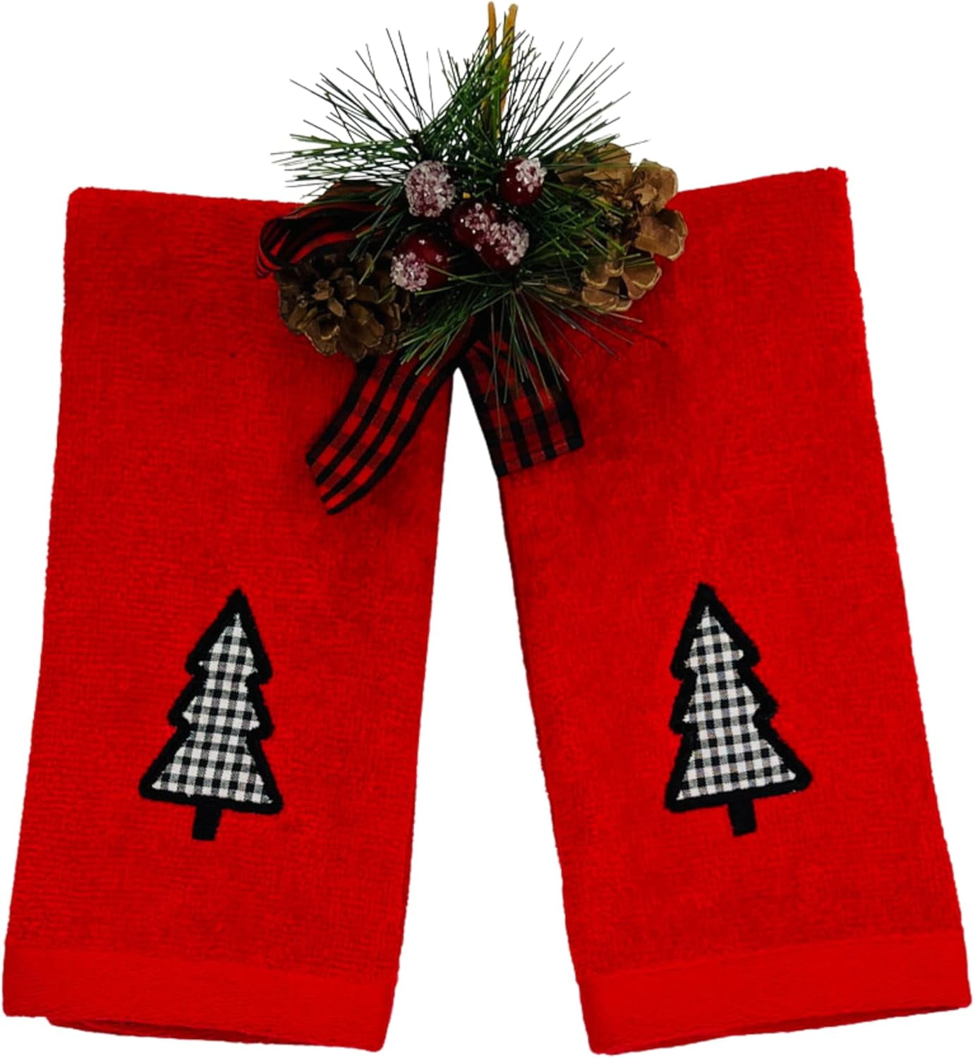 Holiday Winter Christmas Bathroom Guest Hand Fingertip Embroidered Applique Towels 4 Pc Set: Checkered Trees 16 x 25 inches, Gingham Tree Design,12 x 18 inches, Black White on Red, 100% Cotton