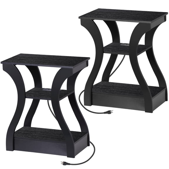 SuperDeal 2 Pcs 3-Tier Modern End Table with Built-in Charging Station USB Ports Storage Shelves 24'' Versatile Nightstand/Side Table Ideal for Bedrooms & Living Spaces (Black)