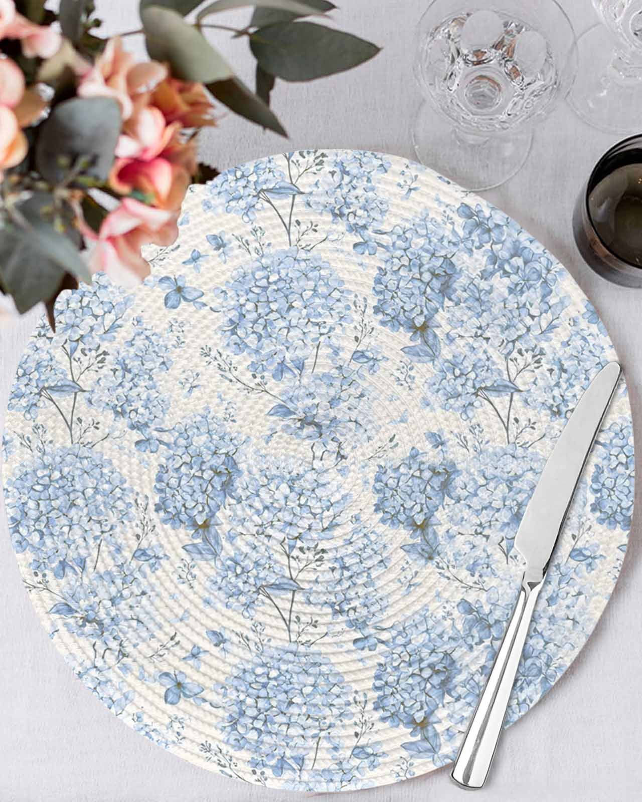 Round Placemats Set of 4 Blue Hydrangea Place Mats Washable Woven Placemat Spring Flower Leaf Circle Braided Table Mat for Kitchen Dining Table Party Home Decor 15 Inch