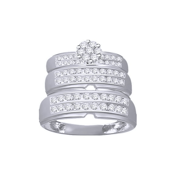 AFFY White Natural Diamond Engagement & Wedding Trio Band Ring Set In 10k White Gold (1.07 Cttw)
