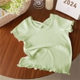 thumbnail image 2 of Hduncf Girls Short Sleeve Lettuce Trim Rib Knit Tee Shirt Crop Top Basic Solid Color Casual T-shirt Blouse for Girl Green 3 Years, 2 of 3