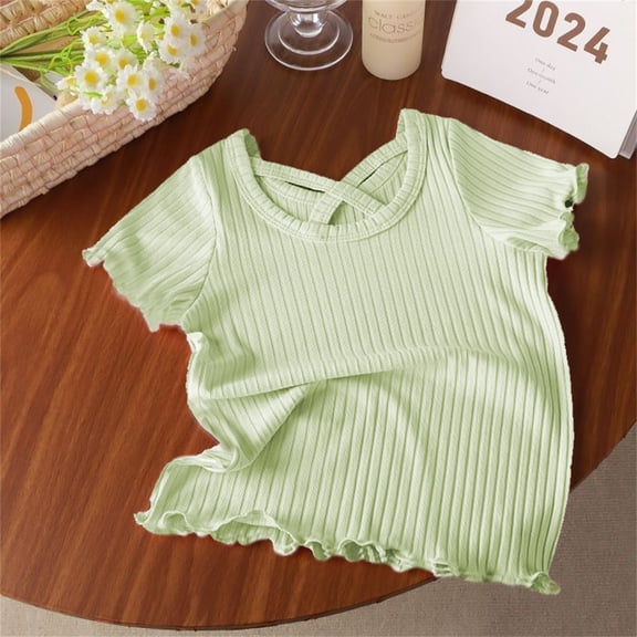 Amidoa Girls Short Sleeve Crewneck Solid Color Summer T Shirts Casual Kids Tops Green Size 2T