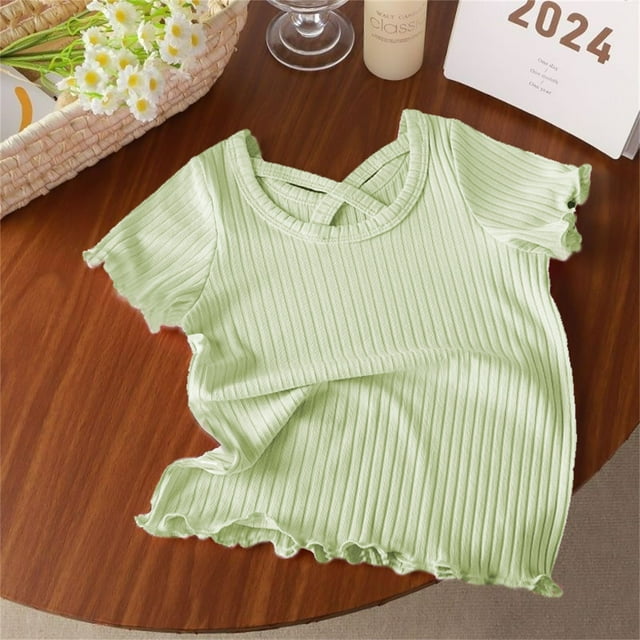 AherBiu Baby Girls Tshirts Summer Ruffled Short Sleeve Tee Tops Fashion Solid Color Ice Silk Casual Tshirts