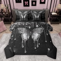 Homewish Glitter Grey Butterfly Bedding Comforter Set 7pcs for Teens, Valentines Day King Bedding Sets, Modern Fashion Sequin Print Reversible Bed Sheets, Lightweight Room Decor