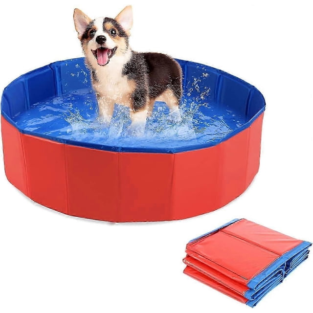 dog pool paddling pool kids bath pool foldable swimming pool for dogs cats kids portable pvc non Blue 60x20cm centered front-facing view of a foldable round pool with red outer panels and blue interior, water filled about halfway with a small dog splashing; visible reinforced segmented panels, non-slip bottom texture, drainage valve and the pool folded flat for compact storage; suitable as a pet bathtub or kiddie splash tub for outdoor travel.