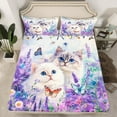 thumbnail image 2 of Manfei Kawaii Cat Teens Queen Sheet Sets, Purple Blossoms Flower Flat Sheet, Dreamy Butterfly Animal Queen Fitted Sheet, Breathable Home Decor, 4 Pieces, 2 of 7