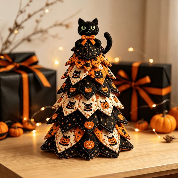 2026 DIY Halloween Quilted Fabric Tree Kit, Quilting Sewing Supplies with Instruction, Farmhouse Style Halloween Table Mantel Decor Craft Set Black Cat & Pumpkin