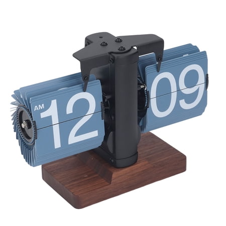 BIMZUC Digital Flip Desk Clock 12 Hours Single Sided Battery Powered Retro Mechanical Auto Flip Down Clock with Wood Base, Black Frame Blue Pages, 8.07 inches / 20.5 cm
