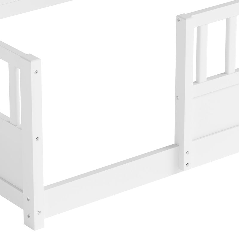 Bellemave Full Montessori Bed with Storage Shelves, Wood Floor Bed with High Rail and Bookcase, Easy Assemble Full Size Beds Frame(White)