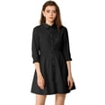 thumbnail image 1 of Vestido camisero informal Allegra K con pliegues manga 3/4 botones Negro S, 1 of 6